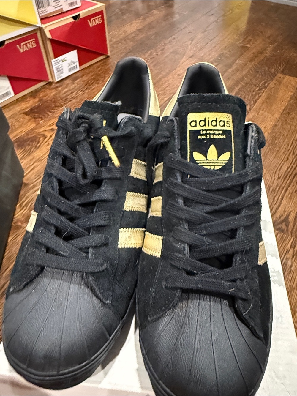adidas Black Suede Superstar Sneakers with Gold Stripes - Picture 3 of 5